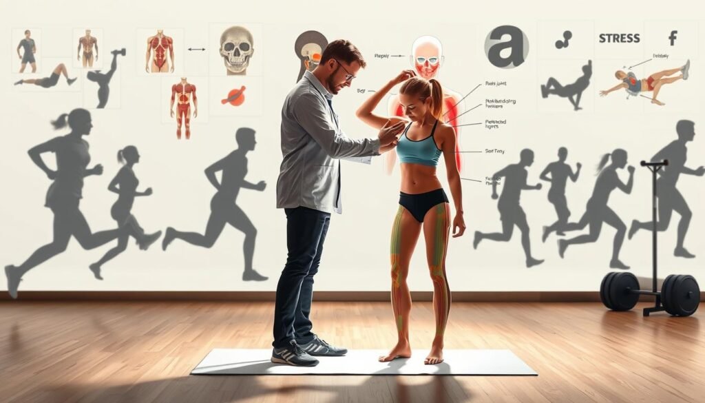 A dynamic image showcasing the key causes of muscle injuries during sports activities. In the foreground, a detailed illustration of a professional physiotherapist demonstrating proper stretching techniques with a female athlete in modest athletic wear, emphasizing posture and form. In the middle background, include visual elements such as anatomical diagrams highlighting muscles and joints that are commonly injured, with arrows indicating stress points. Surrounding them, blurred silhouettes of athletes engaged in various sports like running, weightlifting, and jumping, depicting motion and potential strain. The lighting is bright and focused on the physiotherapist, creating a professional and informative atmosphere, while the overall mood is one of caution and awareness. The camera angle is slightly elevated, providing a comprehensive view of the interactions and illustrations.