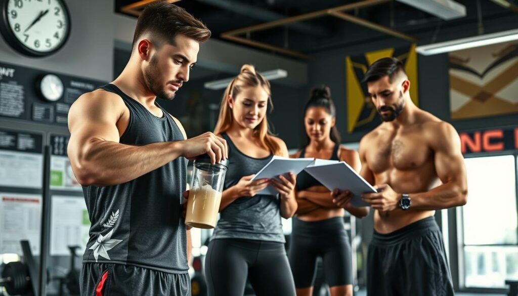 A dynamic scene showcasing the benefits of protein timing for athletes, featuring a diverse group of four athletes in a well-lit gym environment. In the foreground, a male athlete in professional sports attire is pouring a protein shake into a shaker, surrounded by visual elements like a clock and nutritional charts. In the middle ground, a female athlete is observing, taking notes on a clipboard, while another athlete demonstrates a workout routine nearby, highlighting the importance of protein timing. The background includes gym equipment and motivational posters. The lighting is bright and energizing, casting soft shadows that enhance the activity. The overall atmosphere is focused and motivational, emphasizing dedication to athletic performance and nutrition. The composition should be balanced and dynamic, capturing a moment of engagement and learning in the world of sports nutrition.