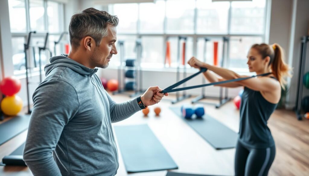 A professional physiotherapist demonstrating muscle injury prevention techniques in a gym setting. In the foreground, a focused and confident physiotherapist, dressed in modest sports attire, is guiding a client through a warm-up exercise using a resistance band. In the middle ground, various exercise equipment and mats are arranged neatly, with colorful fitness accessories creating an engaging environment. The background features large windows allowing natural light to flood the space, creating a bright and motivational atmosphere. The scene is captured from a dynamic angle, emphasizing the interaction between the physiotherapist and the client, showcasing the importance of proper technique and guidance in sport-related injury prevention. The mood is energetic, inspiring, and professional.