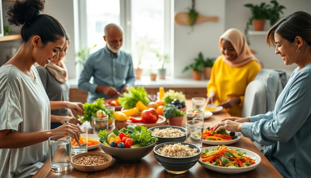 A serene and inviting kitchen scene showing a healthy lifestyle in action. In the foreground, a diverse group of four individuals, dressed in casual, modest clothing, prepare colorful, nutritious meals together, cutting fresh vegetables and fruits. The middle ground features a wooden dining table set with bright salads, whole grains, and glasses of water. In the background, a window lets in soft, natural light, illuminating potted herbs and plants, creating a warm and lively atmosphere. The mood is joyful and collaborative, emphasizing healthy eating and teamwork. Capture this scene from a slightly elevated angle to provide depth, focusing on the vibrant colors and textures of the food, while keeping the environment clean and inviting.