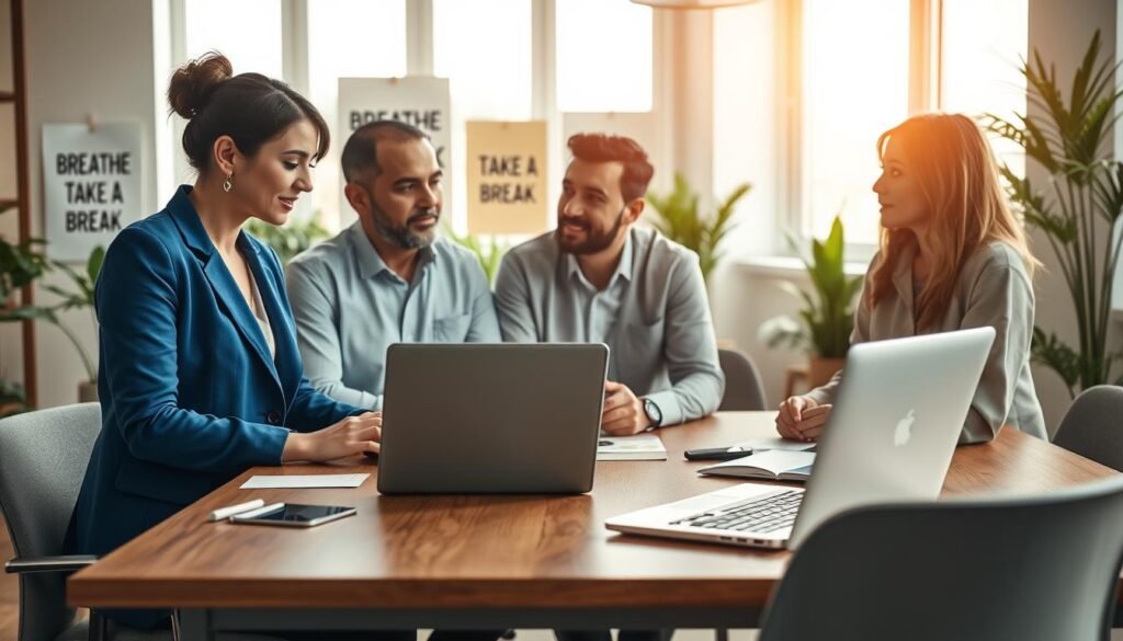 A serene office environment depicting multiple strategies to combat burnout. In the foreground, a diverse group of three professionals (a woman wearing a blue blazer, a man in a light dress shirt, and another woman in casual yet professional attire) are engaged in a discussion around a table with a laptop open, showing a calming app. In the middle ground, motivational posters with phrases like “Breathe” and “Take a Break” are visible on the walls. The background features bright natural light streaming through large windows, with indoor plants adding a touch of greenery. The overall mood is peaceful and supportive, emphasizing mental recovery and collaboration. Use soft, warm lighting to enhance the inviting atmosphere, capturing a moment of teamwork and resilience in overcoming burnout.