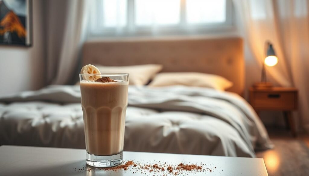 A visually appealing scene featuring a protein shake in a modern, cozy bedroom setting, conveying the concept of consuming protein before sleep. In the foreground, a glass filled with a creamy protein shake, garnished with a sprinkle of cocoa powder and a slice of banana, sits on a bedside table. Soft, warm ambient lighting creates a tranquil atmosphere, enhancing the relaxation theme. In the middle, a plush bed with neutral-colored bedding is neatly made, exuding comfort. The background features a softly lit window with sheer curtains, allowing gentle moonlight to filter through. The overall mood is calm and inviting, emphasizing the notion of a nighttime routine that supports muscle recovery. The image should be framed from a slightly elevated angle, focusing on the protein shake and the inviting bedroom ambiance.