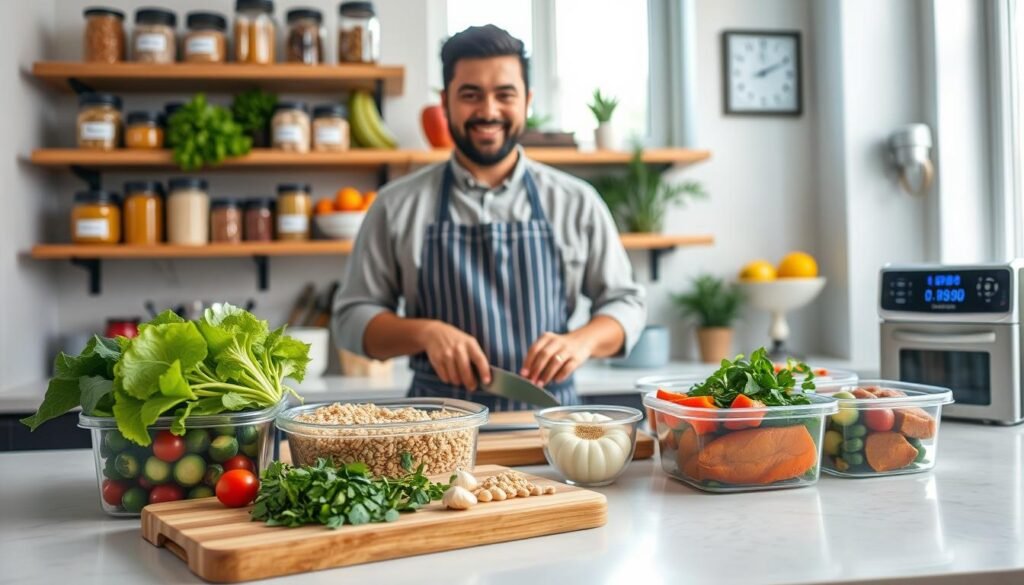 A well-organized kitchen scene showcasing efficient cooking tips. In the foreground, a clean countertop with neatly arranged meal prep containers filled with colorful vegetables, grains, and proteins. A wooden cutting board features fresh herbs, chopped onions, and garlic, emphasizing meal prep. In the middle, a cheerful chef wearing a professional apron and modest attire is skillfully chopping ingredients, embodying efficiency and focus. The background consists of a well-lit kitchen with shelves containing labeled jars, a vibrant fruit bowl, and an easy-to-read digital timer. Soft, natural light streams in from a nearby window, creating a warm and inviting atmosphere. The overall mood is productive and encouraging, showcasing the art of efficient cooking.