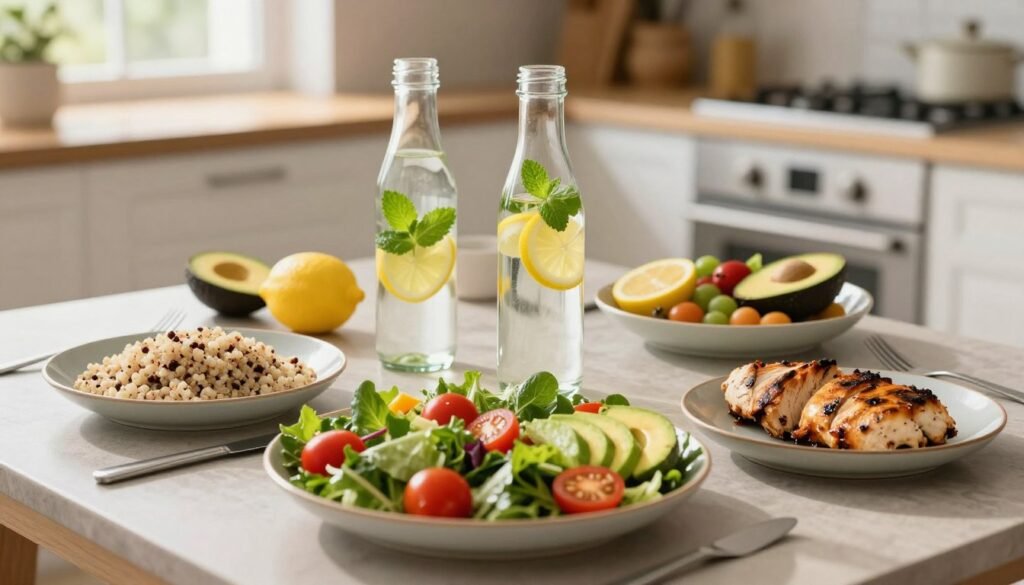 A beautifully arranged table showcasing a balanced meal, featuring a variety of colorful fruits and vegetables, whole grains, and lean proteins. In the foreground, display a vibrant salad with greens, cherry tomatoes, and avocados, flanked by a bowl of quinoa and grilled chicken. In the middle, place glass water bottles infused with slices of lemon and mint, emphasizing hydration. In the background, an inviting kitchen setting with soft, natural lighting streaming in through a window, casting warm reflections. The atmosphere should convey health, wellness, and vitality, embodying a lifestyle focused on balanced nutrition and sufficient hydration. The angle should be a slightly overhead view that captures the abundance and beauty of healthy food choices without any text or distractions.