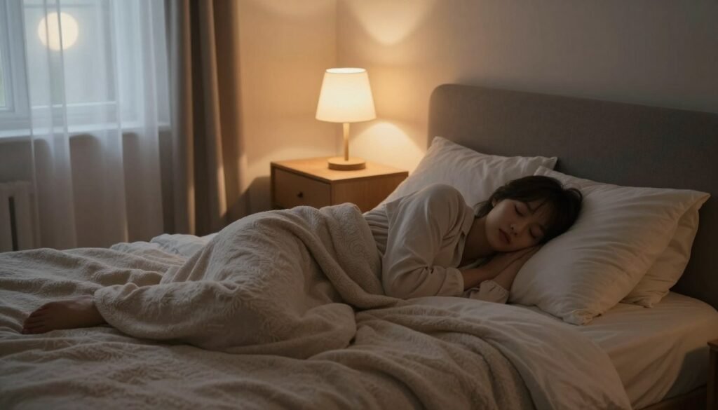 A serene bedroom scene showcasing a person sleeping soundly in a cozy, well-decorated space. The foreground features a comfortable bed with soft, fluffy bedding and a peaceful figure, dressed in modest sleepwear, nestled beneath a warm blanket. In the middle ground, a nightstand holds a gentle glow from a lamp, casting soft, warm light that enhances the tranquil atmosphere. The background reveals calming wall colors and a window with sheer curtains, allowing soft moonlight to filter through, creating a soothing ambiance. The overall mood is peaceful and restful, embodying the essence of deep, high-quality sleep. Capture this scene from a slightly elevated angle to emphasize the comfort and tranquility of the restful environment.
